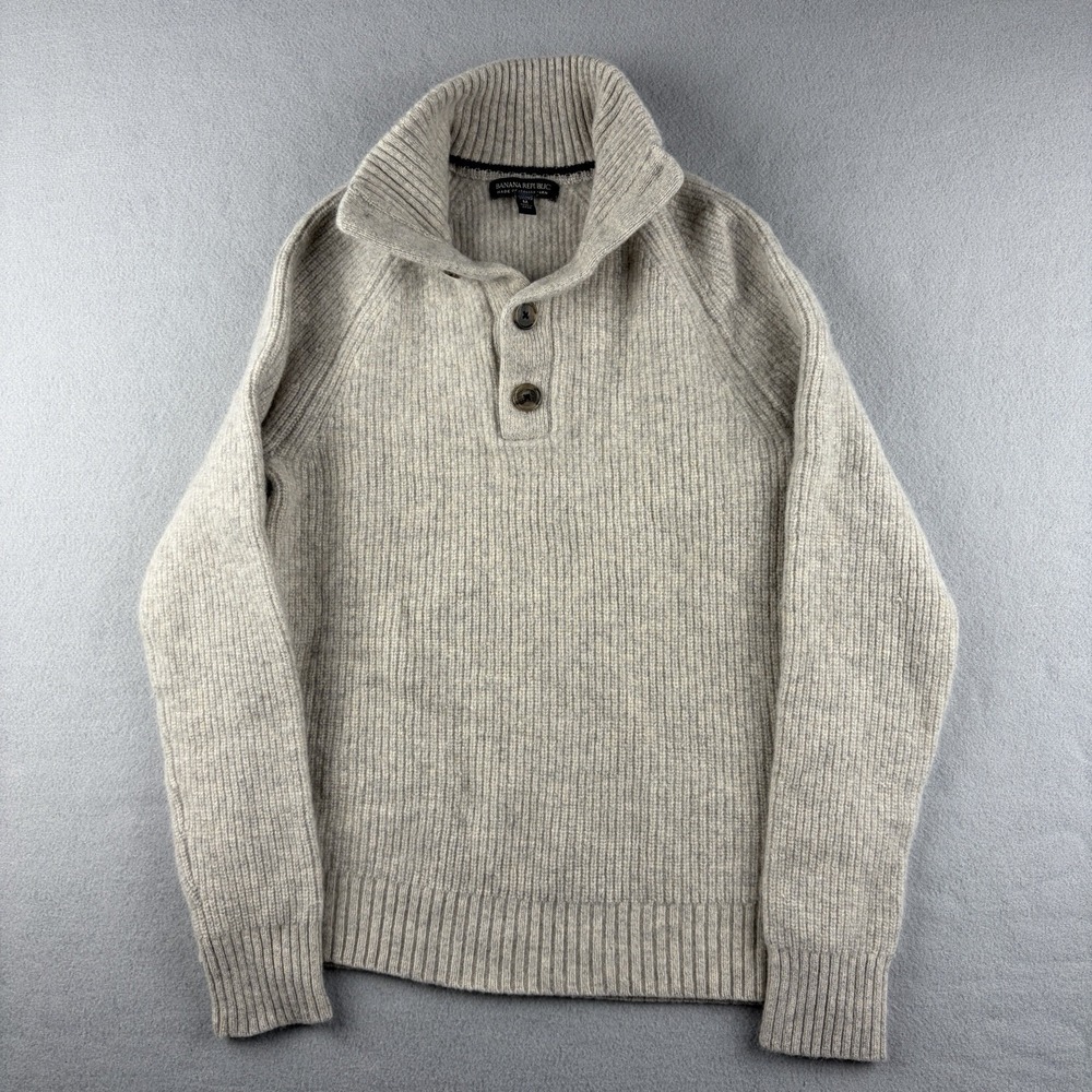 Banana Republic Women's Merino Wool Ribbed Sweater Tan Button Neck Size M